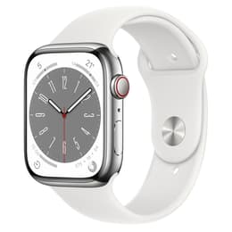Apple Watch (Series 8) 2022 GPS + Cellular 45 mm - Roestvrij staal Zilver - Sportbandje Wit