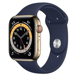 Apple Watch (Series 6) 2020 GPS + Cellular 44 mm - Roestvrij staal Goud - Geweven sportbandje Blauw