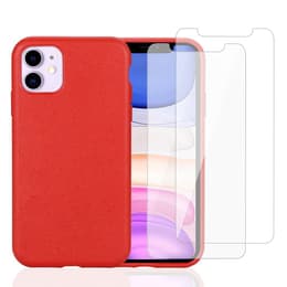 Hoesje iPhone 11 en 2 beschermende schermen - Natuurlijk materiaal - Rood
