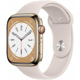 Apple Watch (Series 8) 2022 GPS + Cellular 45 mm - Roestvrij staal Goud - Sportbandje Wit
